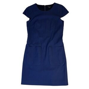 Theory $285 Navy Blue Cap Sleeve Textured Sheath Dress Front Pockets Size 4‎